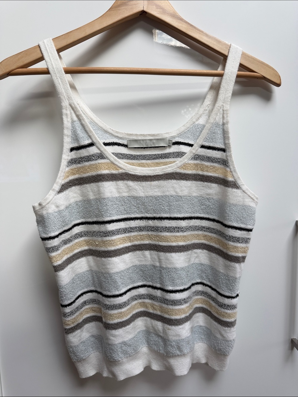Striped Sleeveless Tank Top - White with Blue & Taupe Stripes